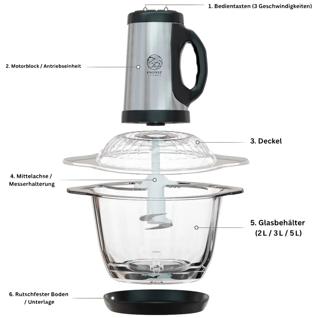 Prime Kitchen Elektrischer Zerkleinerer – 2L, 3L, 5L Glasbehälter – Edelstahlklingen & 3 Stufen für Gemüse, Fleisch, Nüsse & Eis Prime Deluxe GmbH