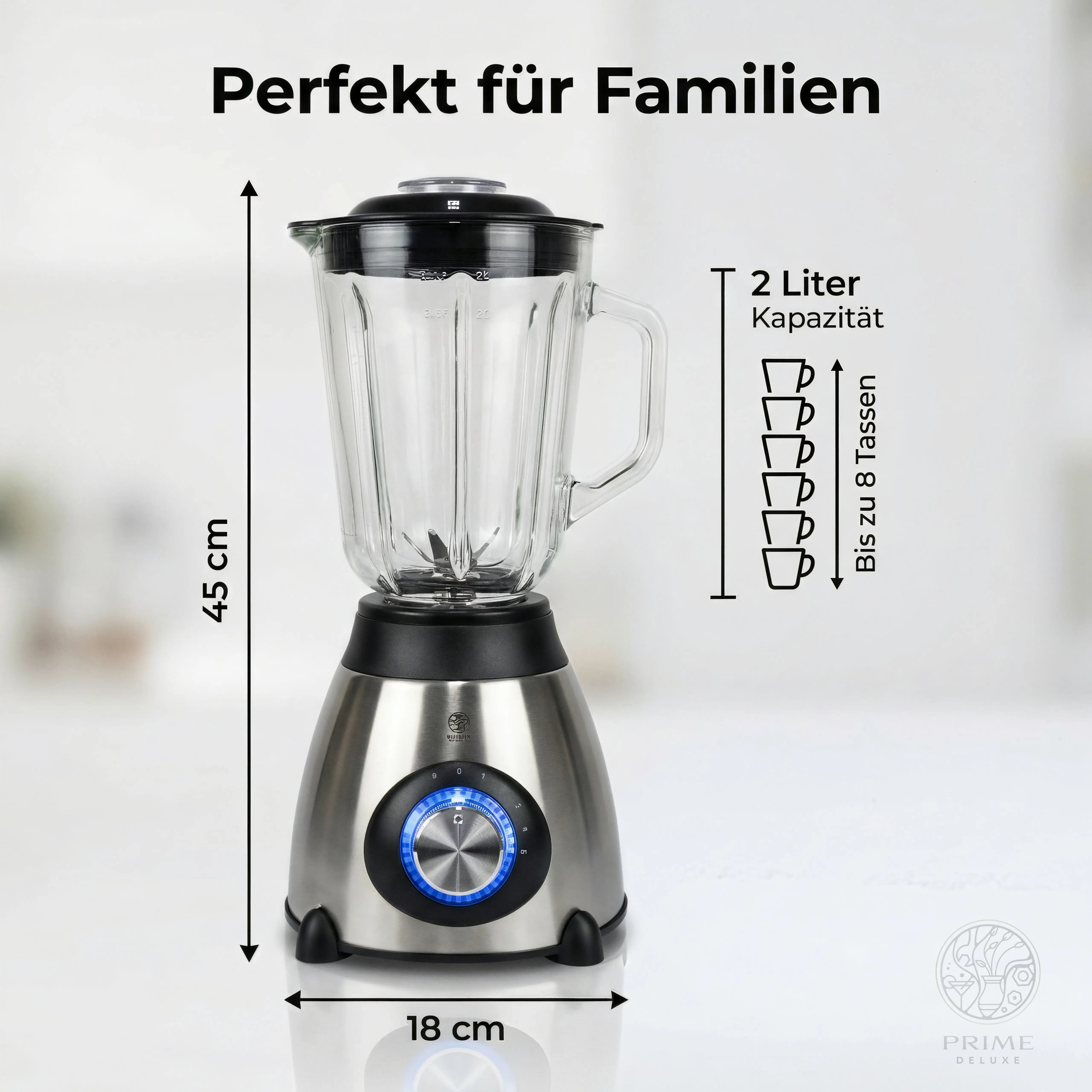 Prime Kitchen Standmixer 800W – Glasbehälter, Edelstahloptik & Ice Crusher Prime Deluxe GmbH