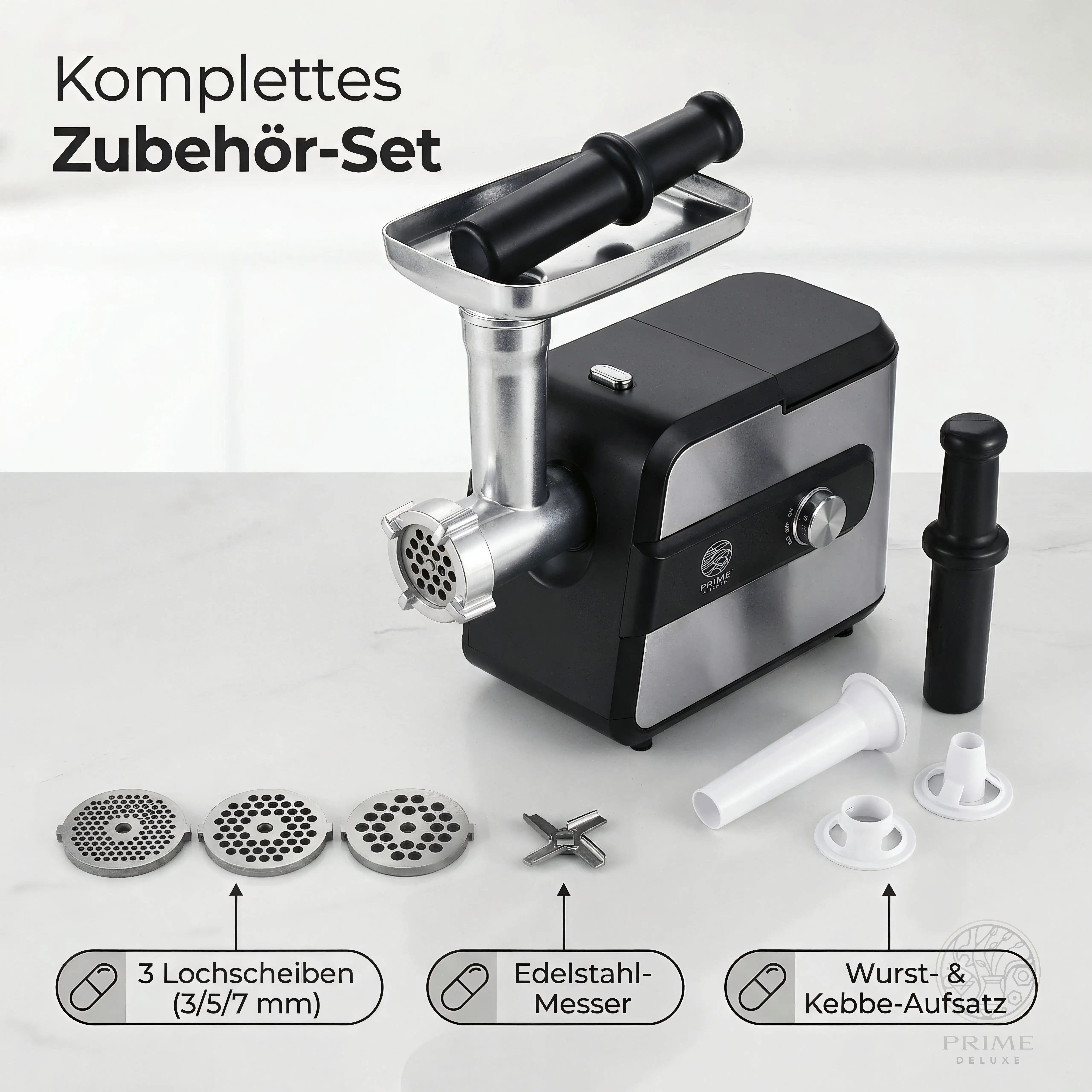 Elektrischer Fleischwolf Prime Kitchen MGY-150 – 1500W Edelstahl mit Rücklauf & Zubehörbox | Profi Fleischmaschine für Hackfleisch, Wurst & Kebbe Prime Deluxe GmbH