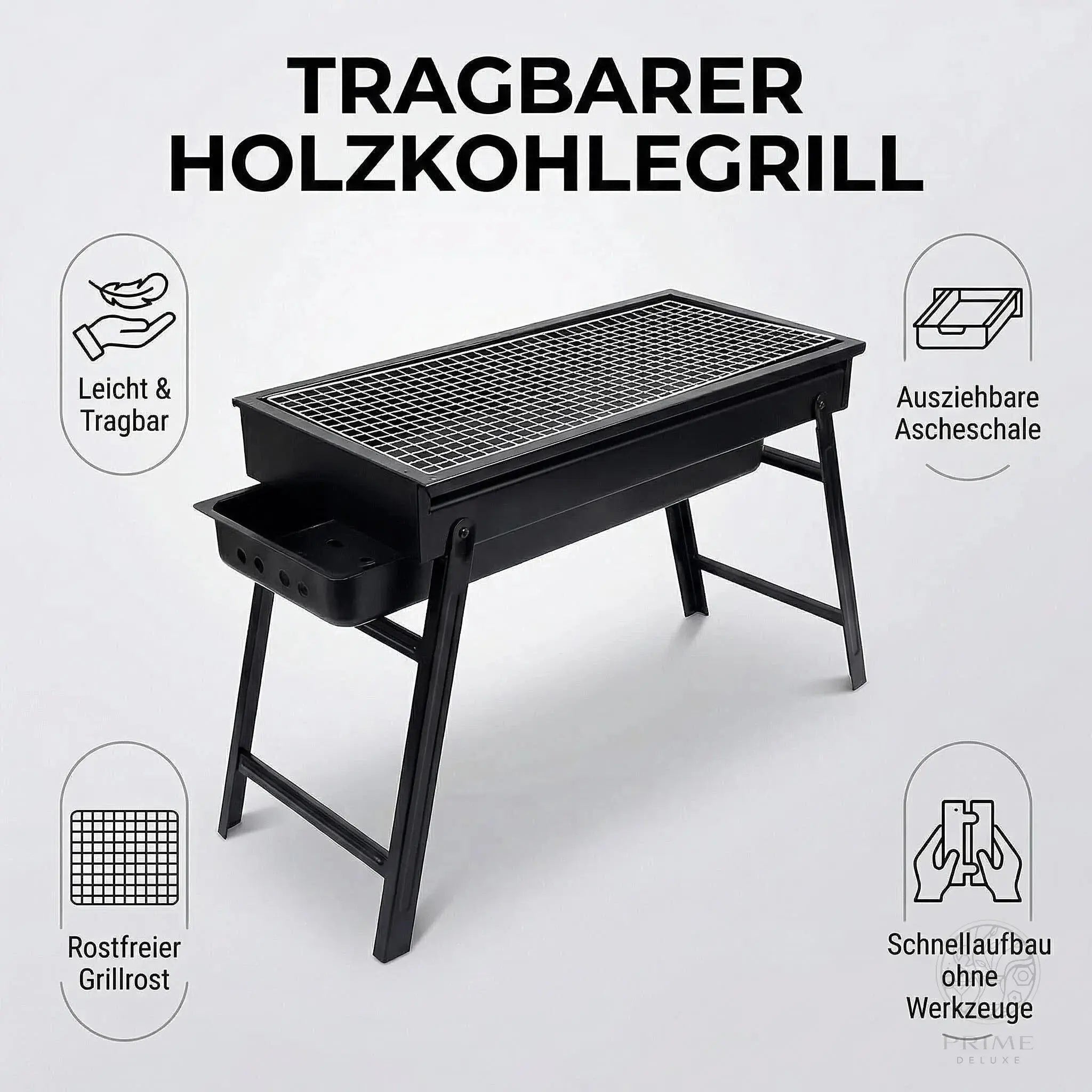Faltbarer Holzkohlegrill 60 cm – Tragbarer Tischgrill mit Edelstahl-Grillrost & Kohle-Trennsystem Prime Deluxe GmbH