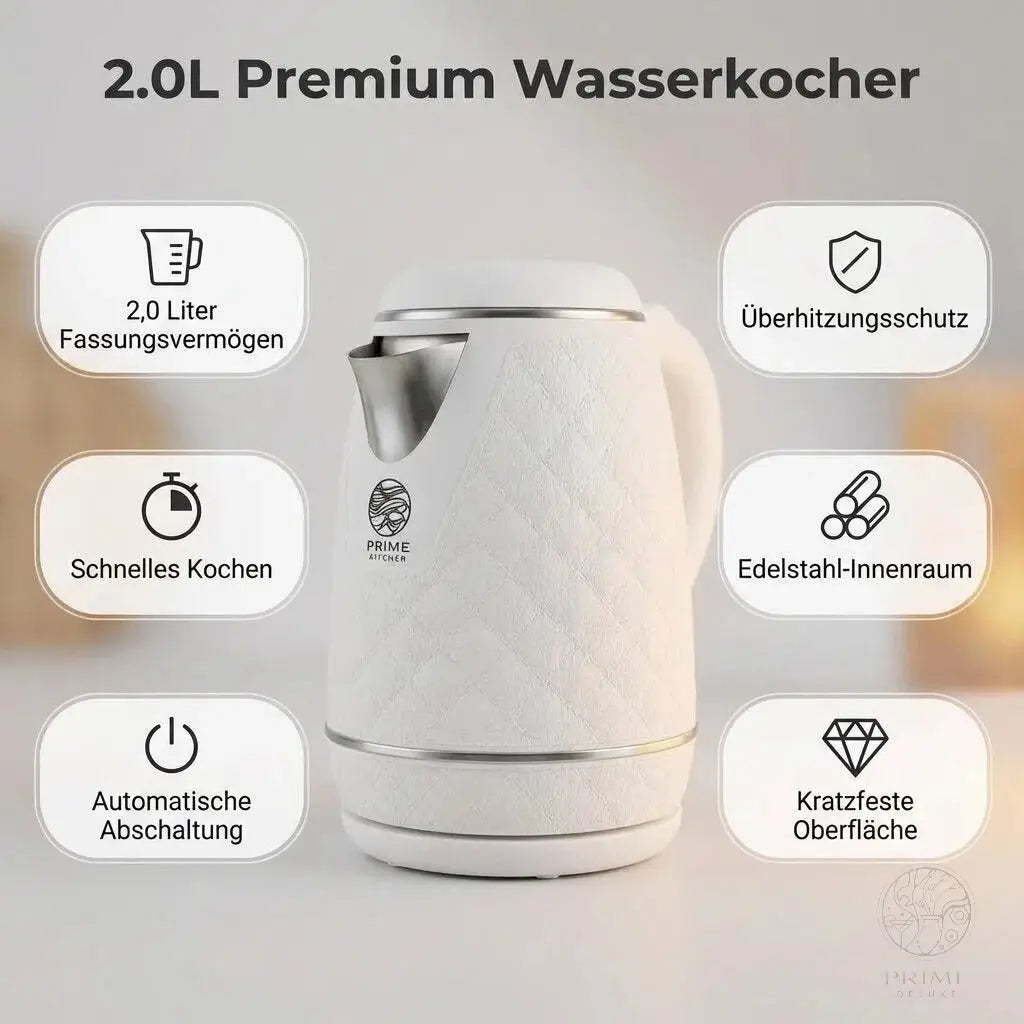 Prime Kitchen 2L Premium Wasserkocher aus Edelstahl – Schneller Wasserkocher mit Auto-Abschaltung & Überhitzungsschutz (Weiß, Braun, Schwarz) Prime Deluxe GmbH