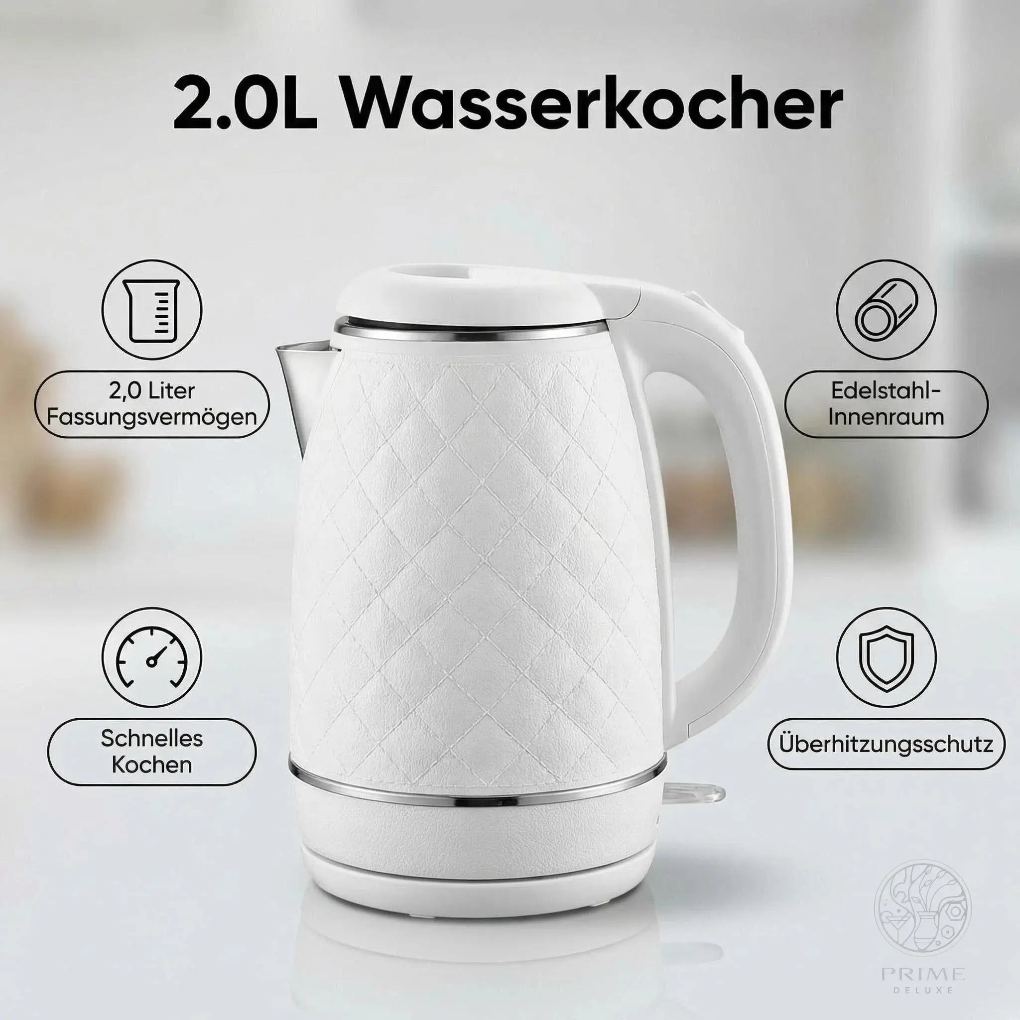 Prime Kitchen 2L Premium Wasserkocher aus Edelstahl – Schneller Wasserkocher mit Auto-Abschaltung & Überhitzungsschutz (Weiß, Braun, Schwarz) Prime Deluxe GmbH