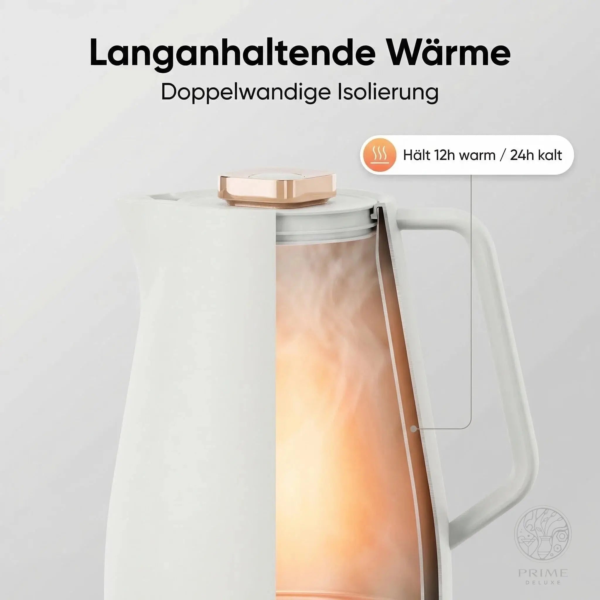 Prime Kitchen Thermoskanne 2L – Doppelwandige Isolierung, 12h heiß & 24h kalt, Einhand-Bedienung, Modernes Design mit Gold oder Silber Akzenten Prime Deluxe GmbH