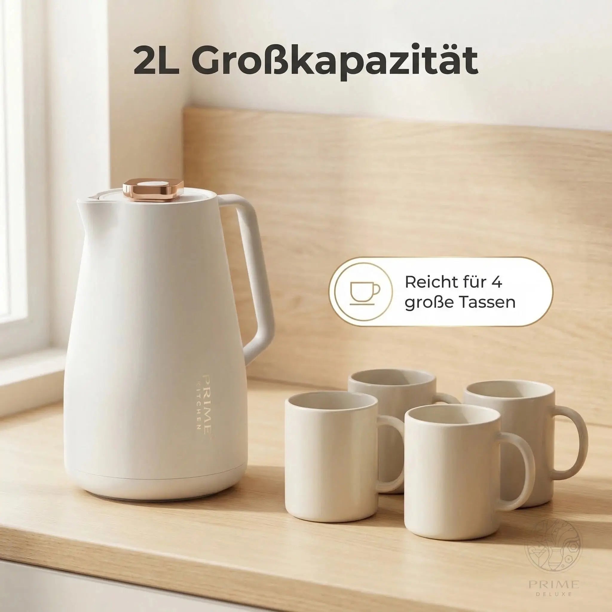 Prime Kitchen Thermoskanne 2L – Doppelwandige Isolierung, 12h heiß & 24h kalt, Einhand-Bedienung, Modernes Design mit Gold oder Silber Akzenten Prime Deluxe GmbH