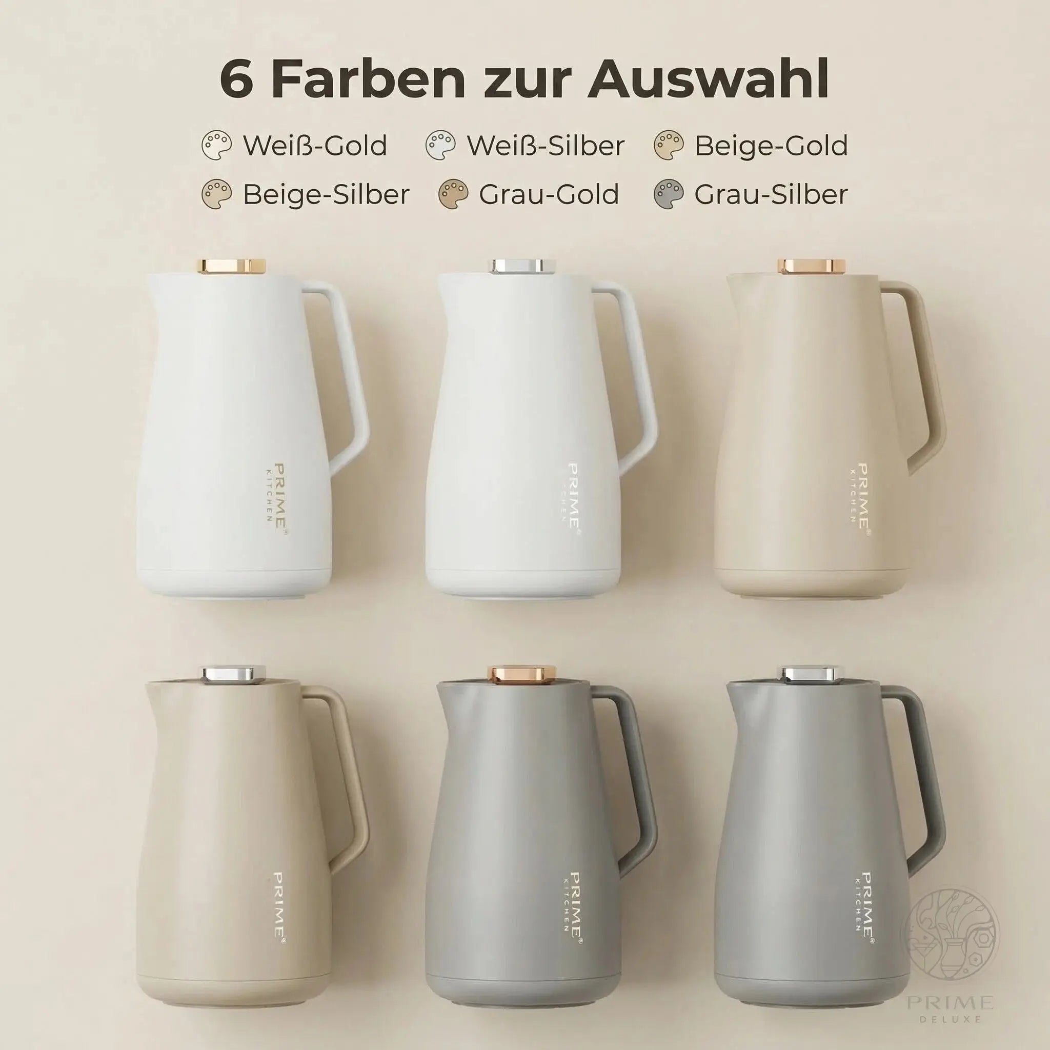 Prime Kitchen Thermoskanne 2L – Doppelwandige Isolierung, 12h heiß & 24h kalt, Einhand-Bedienung, Modernes Design mit Gold oder Silber Akzenten Prime Deluxe GmbH
