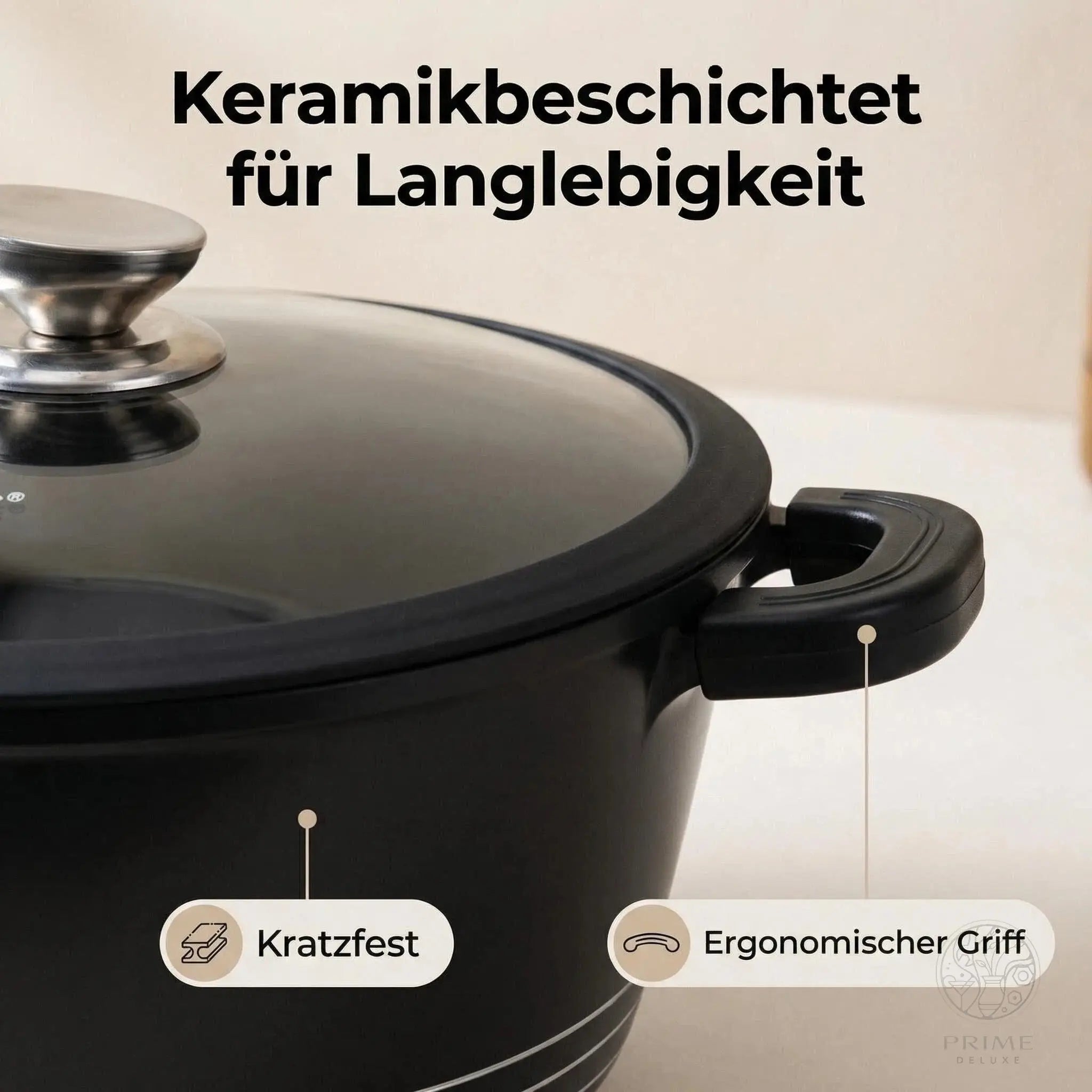 Keramik Kochtopf Einzelgrößen 20–44 cm – Induktionsgeeignet mit Gummideckel & Dampfsymbol Prime Deluxe GmbH