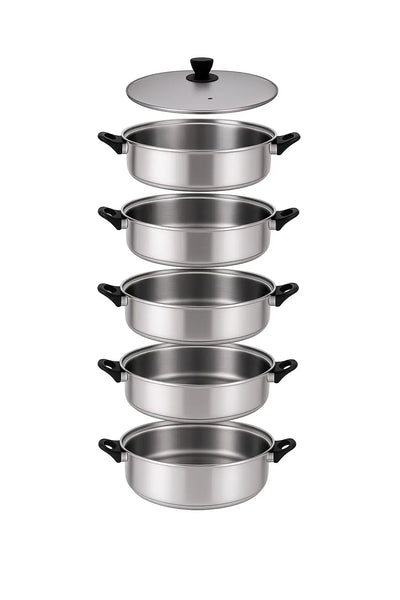 Mantu Dampfgarer Dampftopf 5 Etagen aus Edelstahl – [30cm/32cm/34cm/36cm] – Für Mantu, Baozi & Dim Sum
