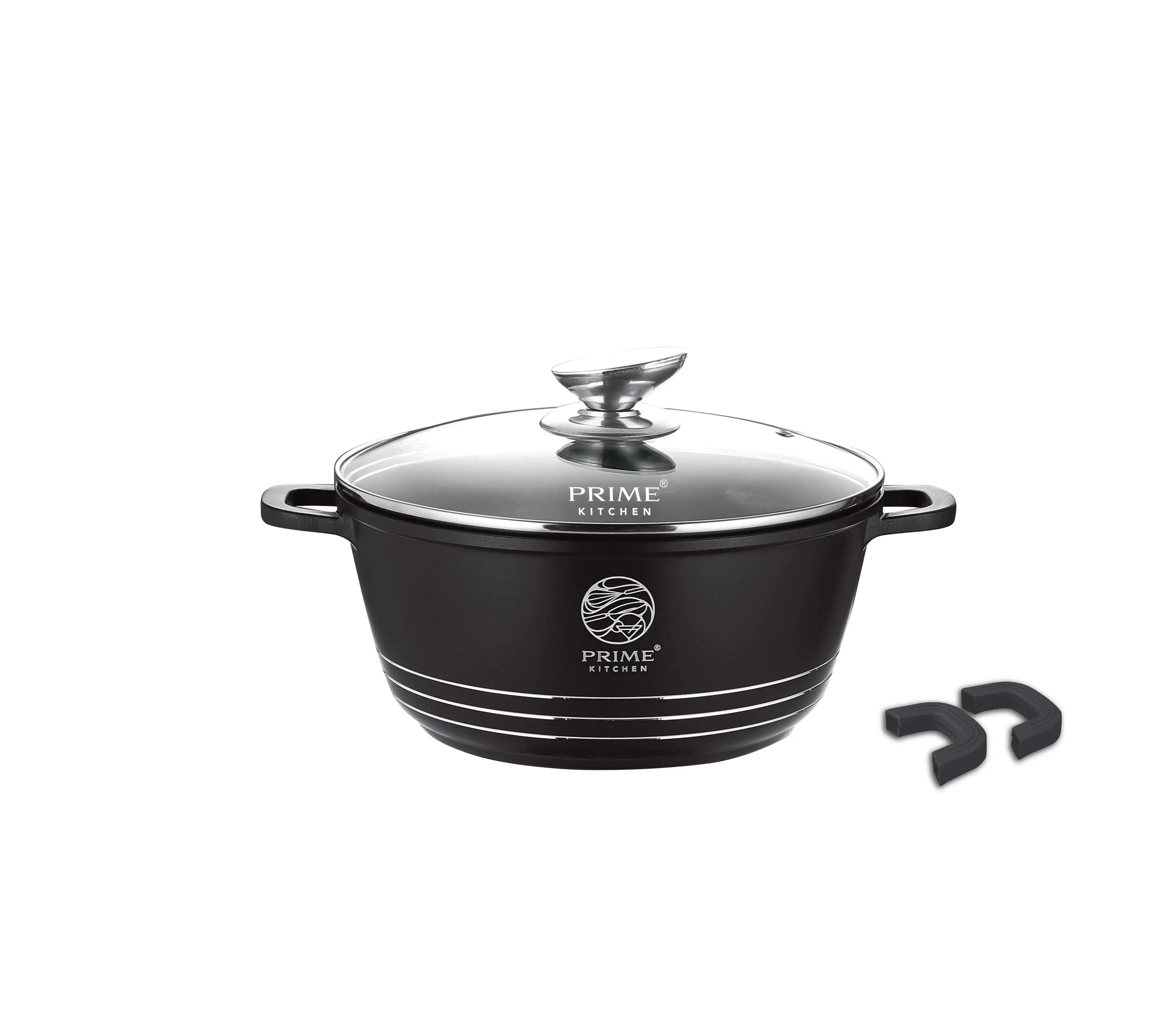 Kochtopf-Set 3-teilig – 24cm / 28cm / 30cm – Aluguss Töpfe mit Glasdeckel, Induktion geeignet