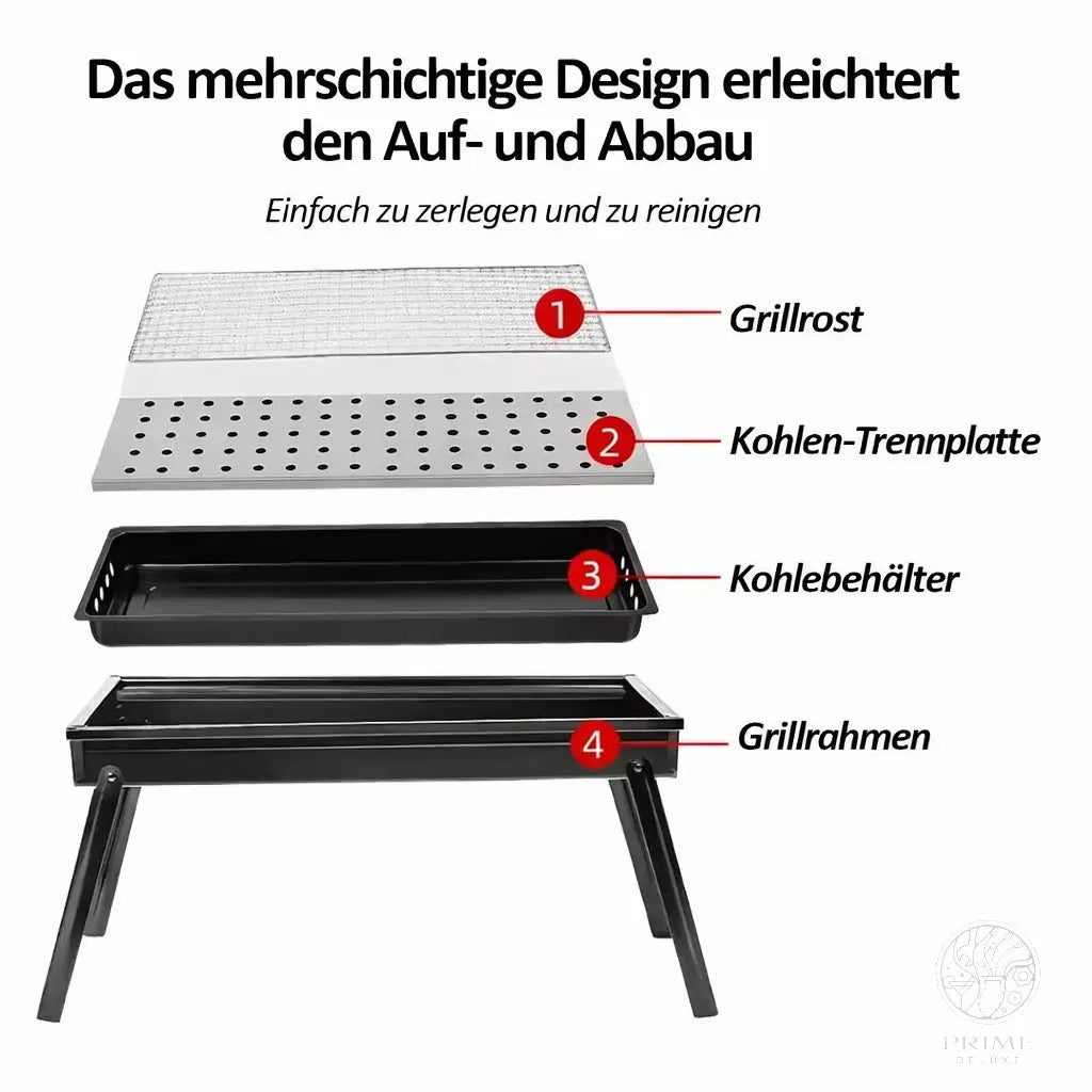 Faltbarer Holzkohlegrill 60 cm – Tragbarer Tischgrill mit Edelstahl-Grillrost & Kohle-Trennsystem Prime Deluxe GmbH