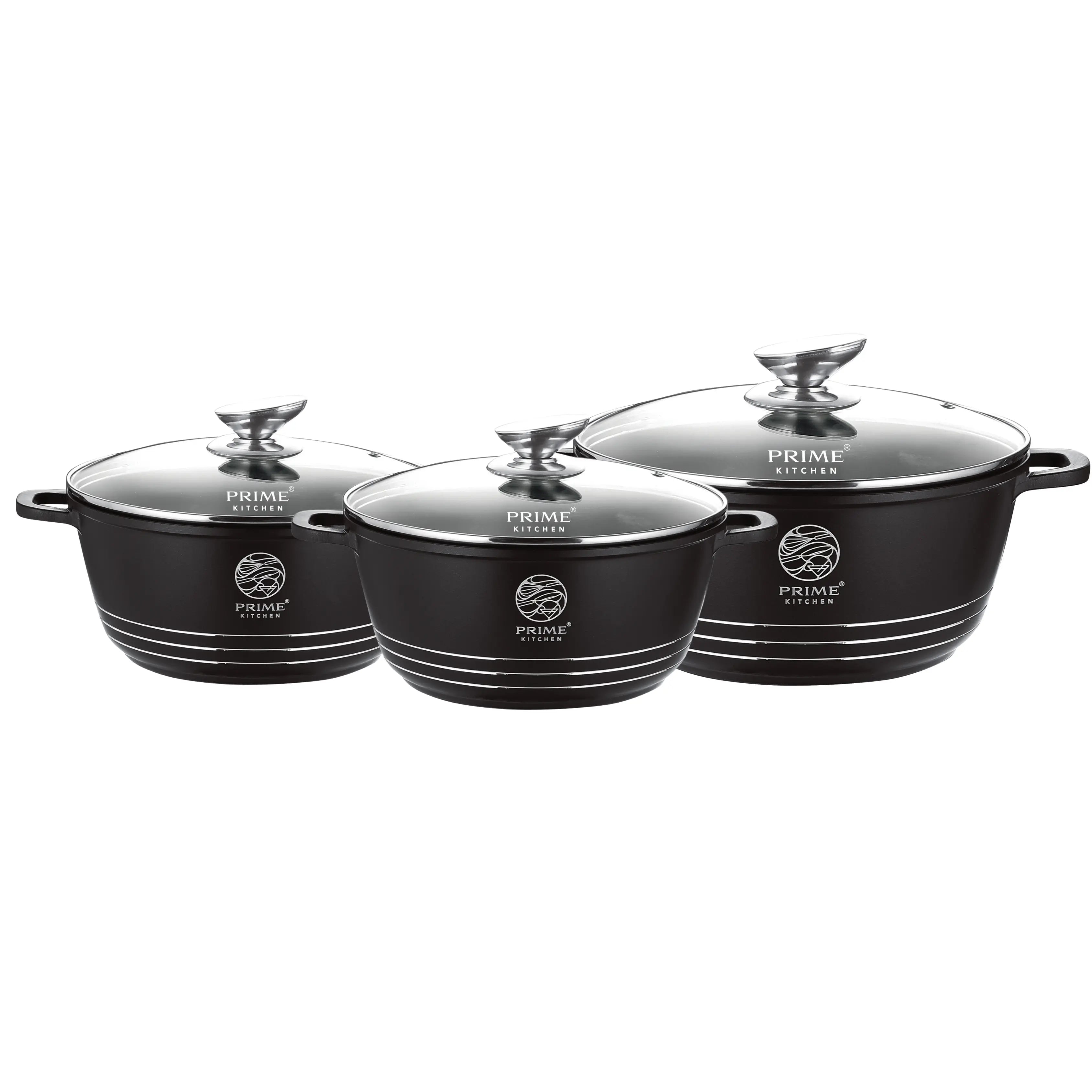 Kochtopf-Set 3-teilig – 24cm / 28cm / 30cm – Aluguss Töpfe mit Glasdeckel, Induktion geeignet