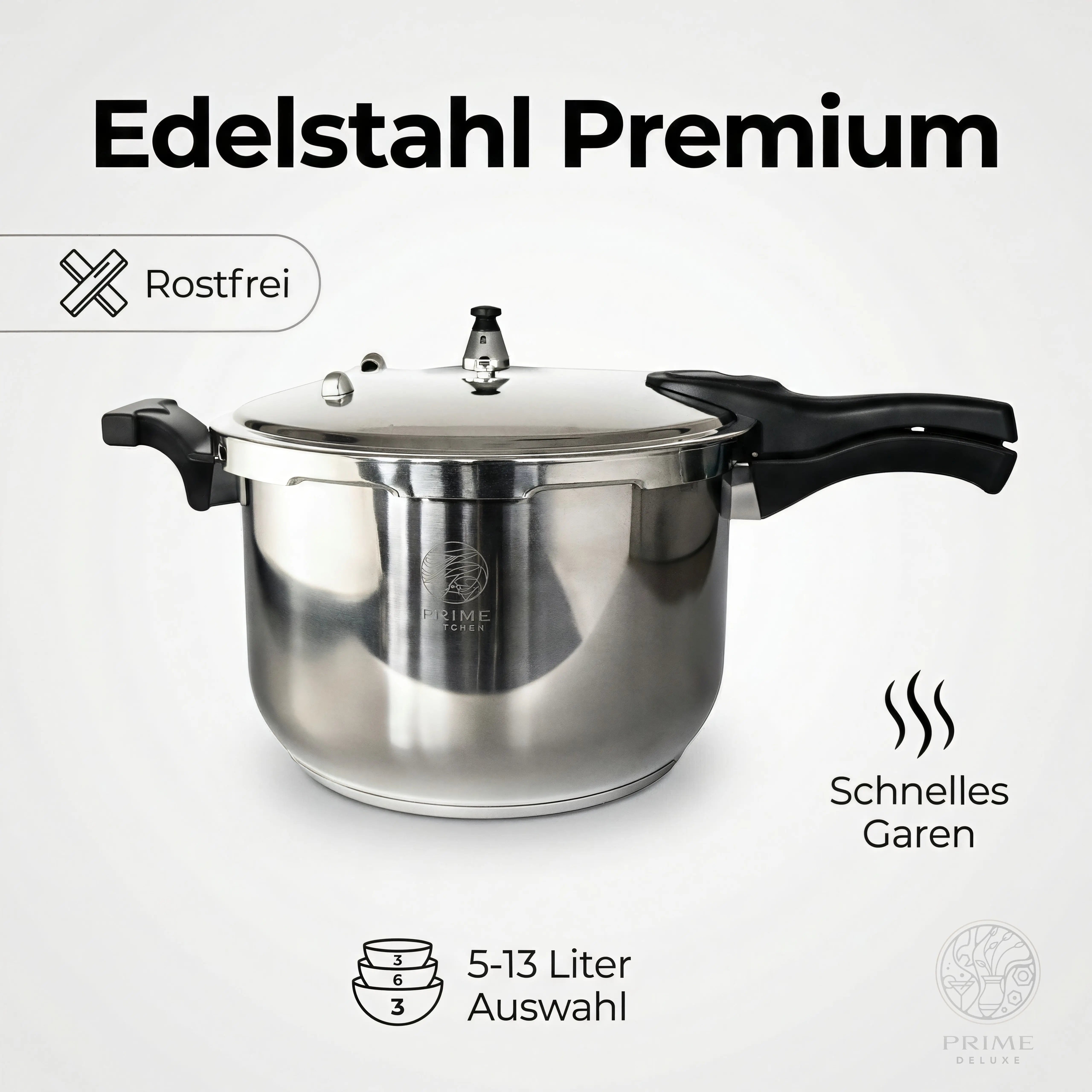 Prime Kitchen Schnellkochtopf aus Edelstahl – 5L–13L | Induktion & Gas geeignet Prime Deluxe GmbH