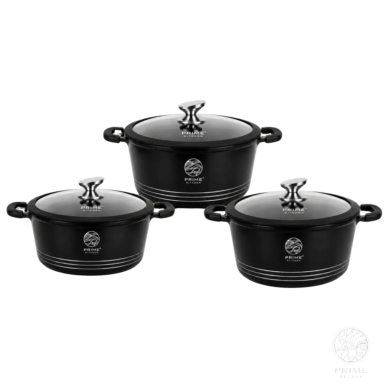 Keramik Kochtopf-Set 3-teilig – 28cm / 32cm / 36cm – Aluguss Töpfe mit Glasdeckel, Induktion geeignet Prime Deluxe GmbH