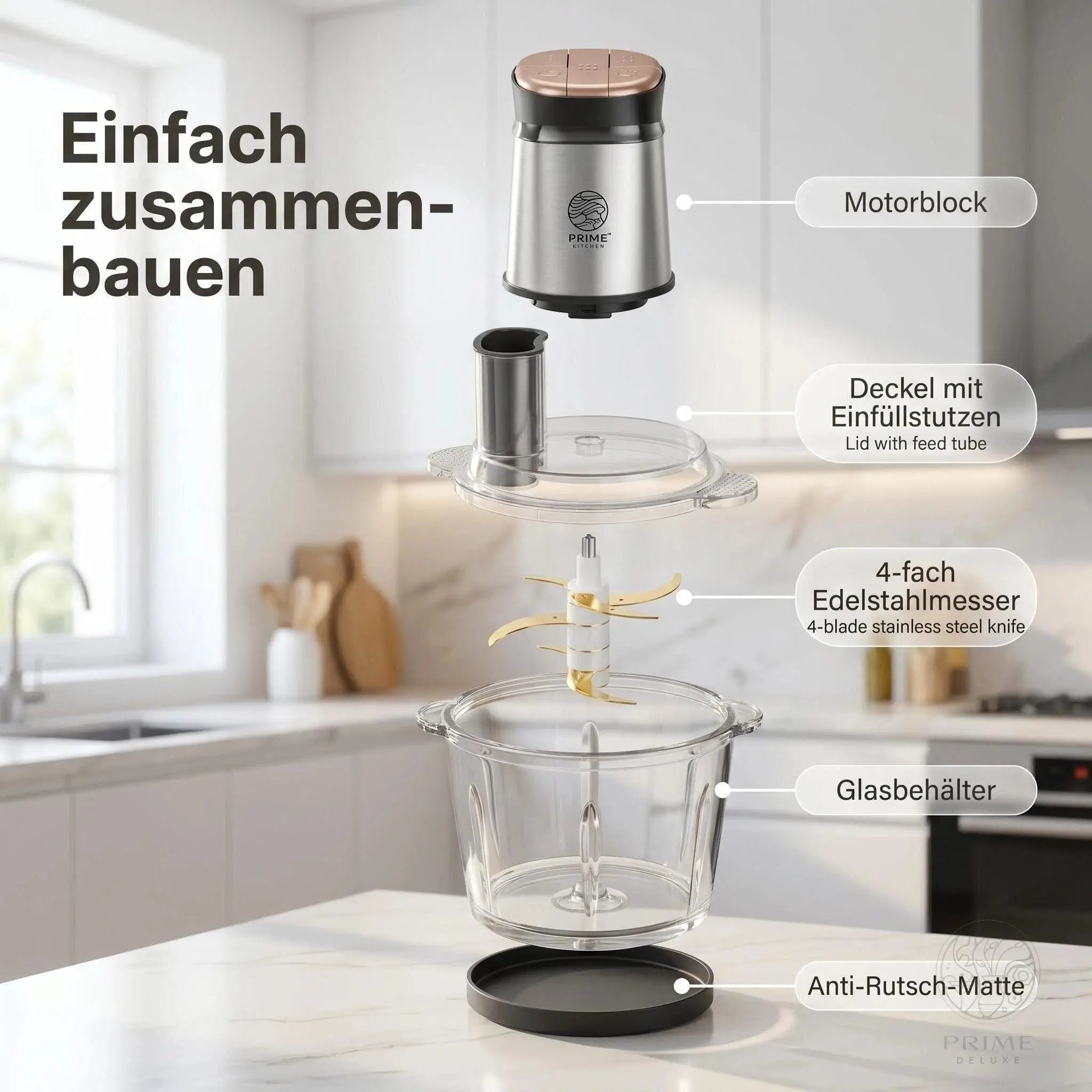 Prime Kitchen Multifunktions-Zerkleinerer aus Glas – Elektrischer Küchenzerkleinerer 3L / 5L mit 3 Geschwindigkeiten & Pulsfunktion Prime Deluxe GmbH