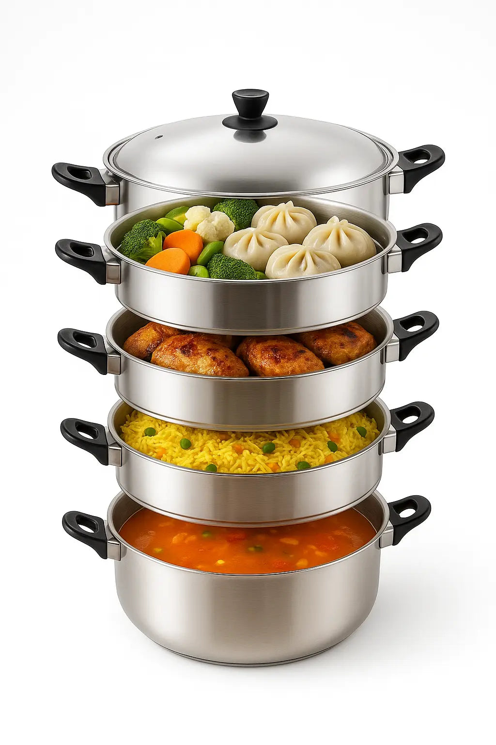 Mantu Steamer 5 Tier Stainless Steel Steamer – [30cm/32cm/34cm/36cm] – For Mantu, Baozi &amp; Dim Sum